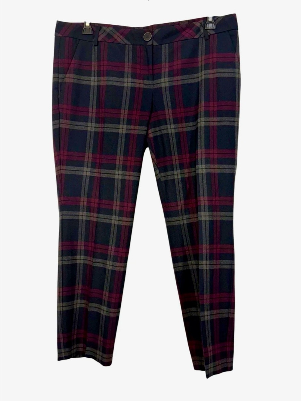 Express Women’s Grey Burgundy Plaid Columnist Ankle Pant, Excellent Condition